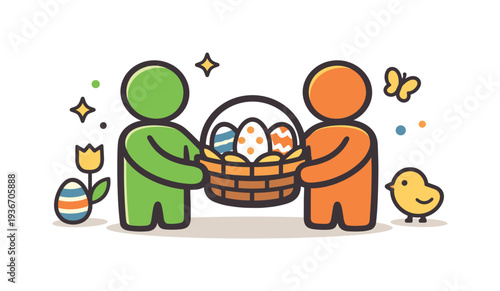 Easter egg hunt celebration with two people sharing a basket of colorful eggs