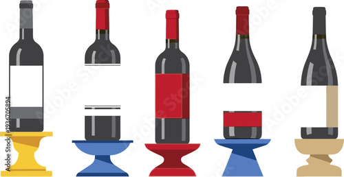 Seven wine bottles and glasses isolated on transparent background