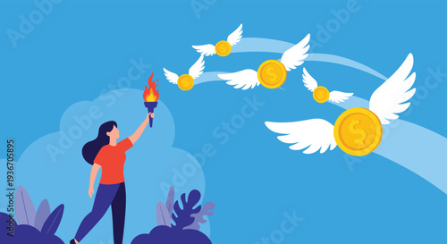 Motivating illustration of a woman holding a burning torch while gold coins with wings fly past her on a blue sky background for wealth.