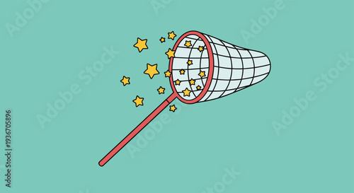 Inspiring concept showing a butterfly net catching falling yellow stars against a teal background representing reaching goals or dreaming big.