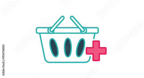 Shopping basket icon with a pink plus sign symbolizing adding items to a cart for online e-commerce and retail transactions on a white background.