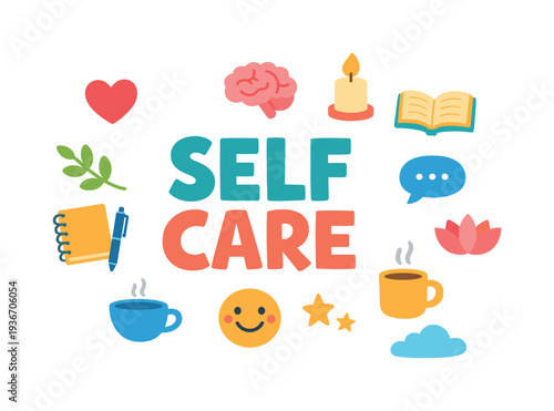 Self Care concept with icons for mental health, relaxation, and well-being