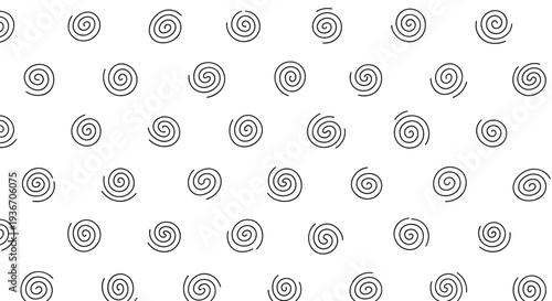 Decorative pattern of hand drawn black spiral swirls scattered across a clean white background for creative wrapping paper or fabric prints.