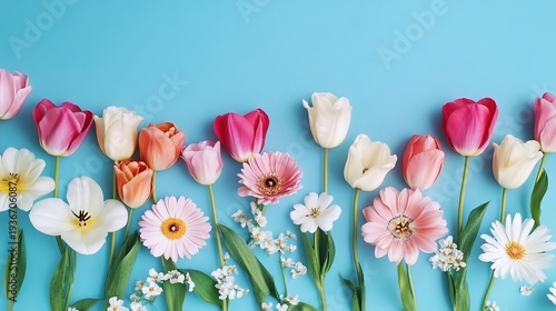 Vibrant Spring Floral Arrangement Featuring Colorful Tulips and Charming Gerberas on Blue Surface