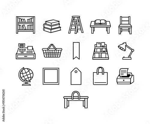 Collection of line art icons representing objects found in a store or library setting