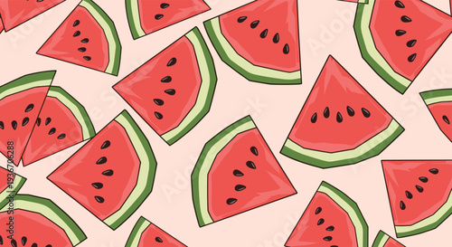 Bright and cheerful pattern of red watermelon slices with black seeds and green rinds scattered over a light pink background for summer.