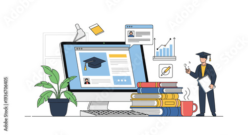 Online education illustration featuring a computer monitor displaying a graduation cap and lessons surrounded by stacks of books and a graduate.