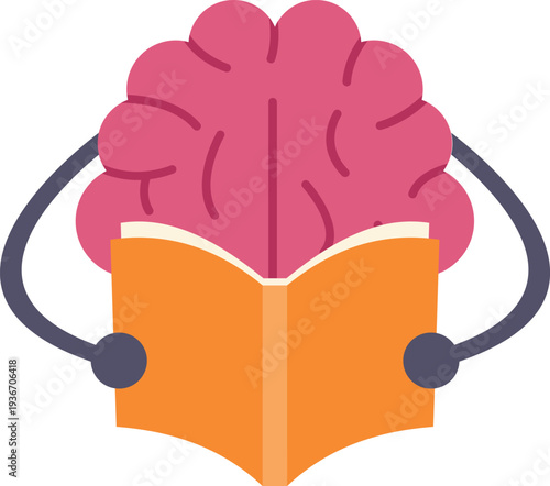 Brain character reading an open book, symbolizing education, knowledge, and intelligence
