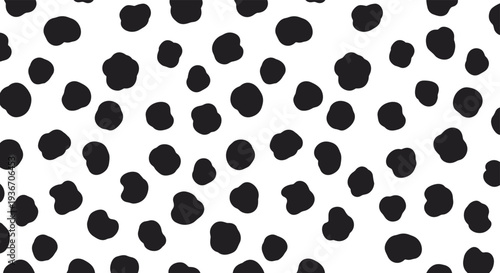 Modern pattern of irregular black ink spots or blobs of various shapes and sizes scattered across a clean white background for artistic prints.