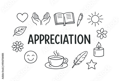 Appreciation word surrounded by hand-drawn icons representing gratitude and positive feelings