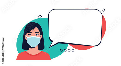 Portrait of a young woman wearing a blue medical face mask next to a large empty white speech bubble for pandemic information or news.