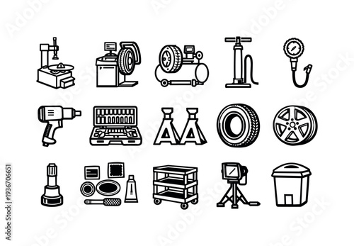 Collection of automotive repair and maintenance tools and equipment icons