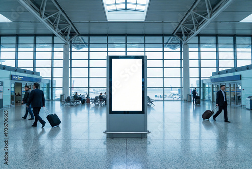 Blank digital billboard mockup in modern airport terminal. Vertical advertising stand with white screen. Passengers walking with luggage in hall.