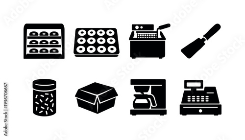 Collection of bakery and food service icons including donuts, fryer, and cash register
