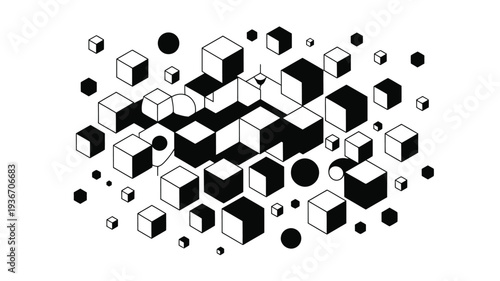 Geometric shapes illustration with cubes and spheres in black and white