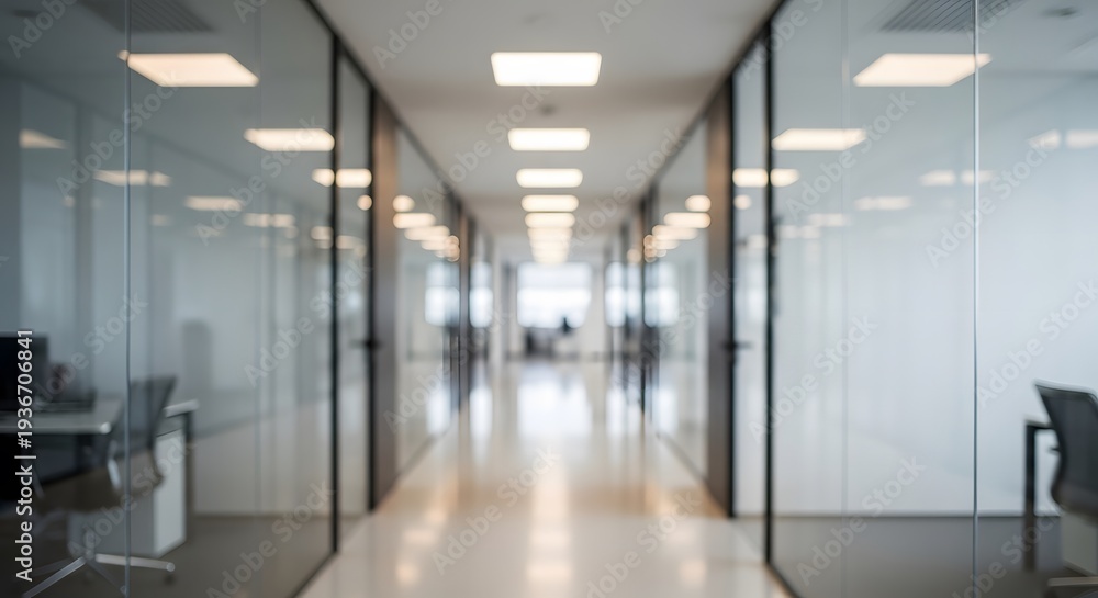 Fototapeta premium Modern office hallway with glass walls and fluorescent lighting