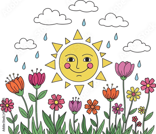 Smiling sun with flowers and clouds isolated on transparent background