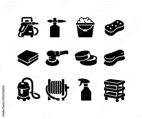 Collection of car wash and detailing equipment icons on a white background