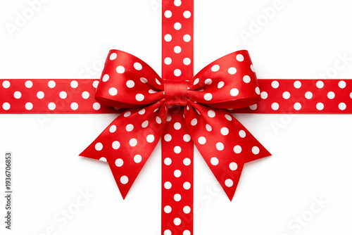red ribbon with white polka dots and bow close-up on a white background, empty space for text, birthday, postcard, holiday, women's day, mother's day, template. photo background, layout, banner, adver