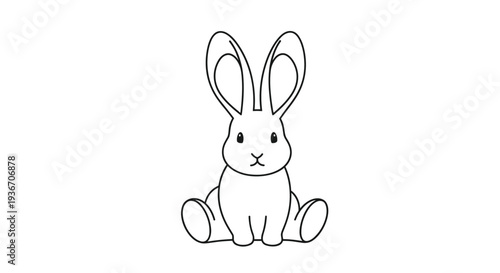 Simple black and white line drawing of a cute little bunny rabbit sitting facing forward with long ears against a plain white background.