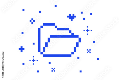 Retro pixel folder icon in 8-bit style. Digital directory and file storage symbol for data organization. Vintage game interface element for apps, software UI, dashboards, web and technology design