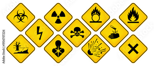 Globally harmonized system hazard pictograms. GHS signs. Labelling of Chemicals. Globally Harmonized System symbol.