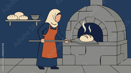 Baker In Hijab Placing Bread In Stone Oven With Steam Rising And Loaves On Shelf In Rustic Kitchen Interior