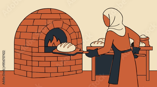 Baker With Hijab Pulling Freshly Baked Bread From Brick Oven With Flames Inside And Rack Of Loaves Nearby In Warm Tones