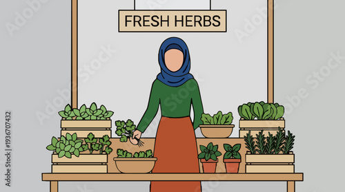 Woman in blue hijab and green shirt standing behind a market stall filled with fresh herbs and potted plants displaying healthy produce