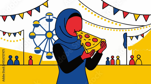 Woman wearing blue hijab eating pizza at amusement park with ferris wheel and colorful bunting flags festive atmosphere vibrant colors