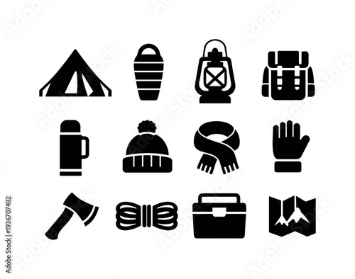 Collection of camping and outdoor adventure icons for travel and exploration