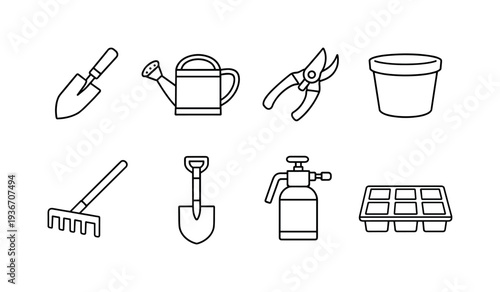 Collection of simple line art icons representing gardening tools and supplies for planting