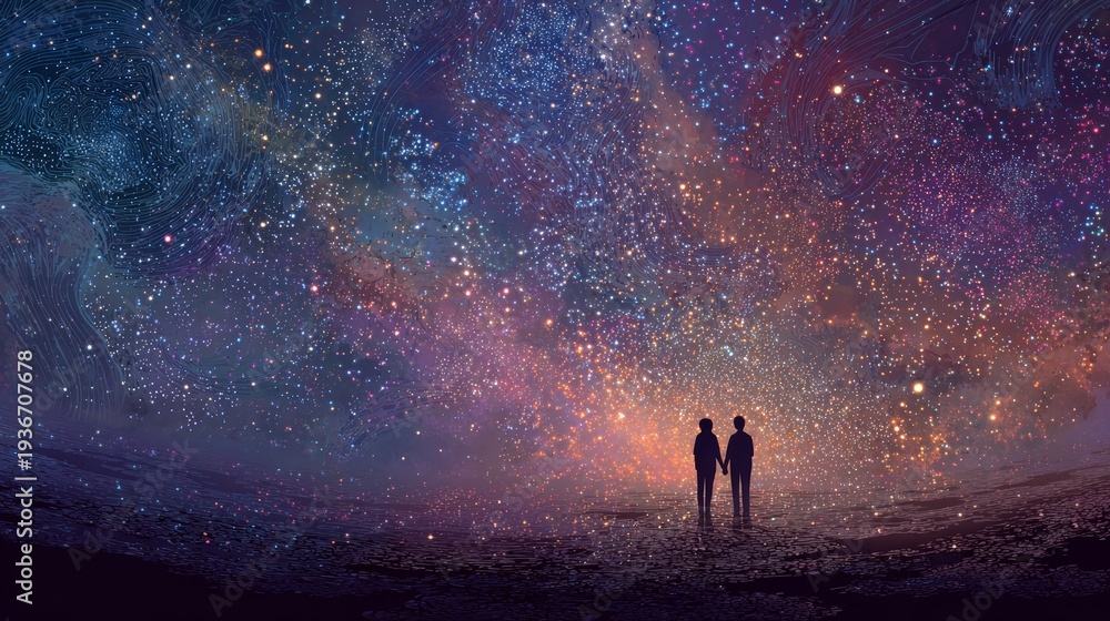 Fototapeta premium lovers made of starlight holding hands in the galaxy, cosmic romance