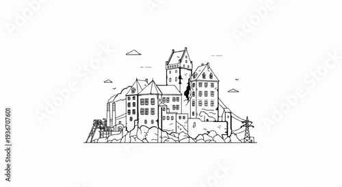 A stark black and white illustration depicts a fractured, ancient castle complex perched on rocks