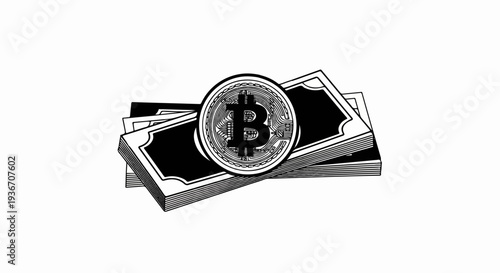 A stack of stylized currency bills topped with a Bitcoin coin symbol