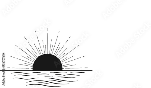 Abstract black sunburst over wavy water line, minimal graphic