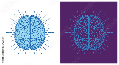Brain illustrations with radiant lines on blue and purple backgrounds