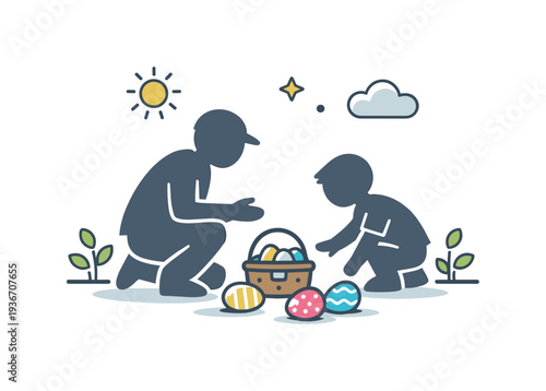 Easter egg hunt with father and child, celebrating spring outdoors