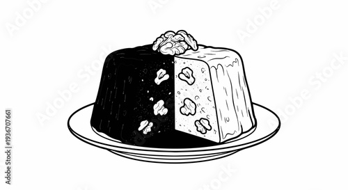 Black and white cake with walnuts on a plate