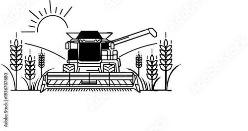 Black and white illustration of a combine harvester in a wheat field under the sun