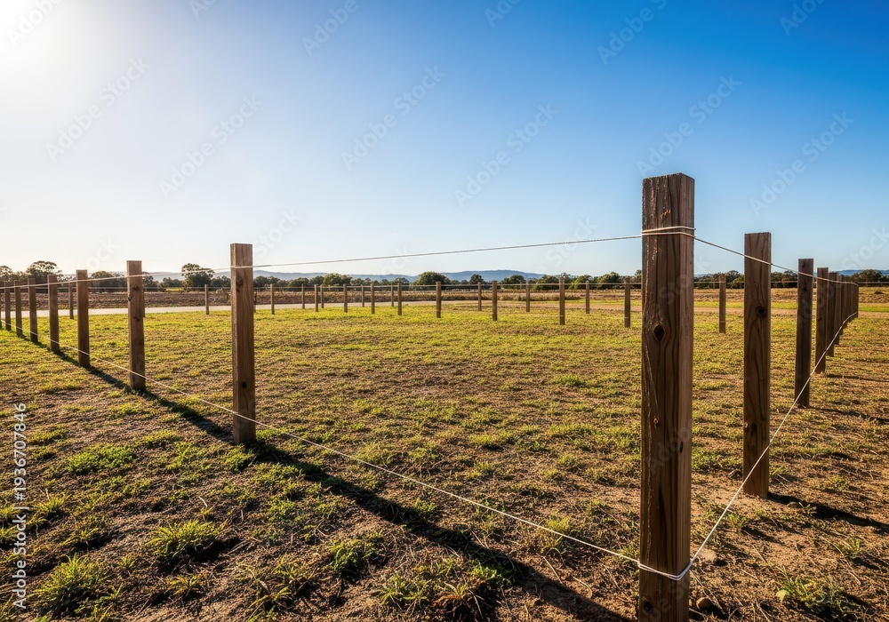 Fototapeta premium Empty vacant building lot with wooden stakes marking the boundary lines under a clear sunny sky, illustrating future real estate development, marker, grass, sunlight
