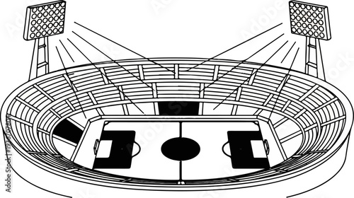 Detailed line drawing of an outdoor stadium with floodlights illuminating the field