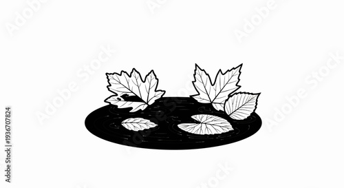 Falling leaves float on dark water with ripples