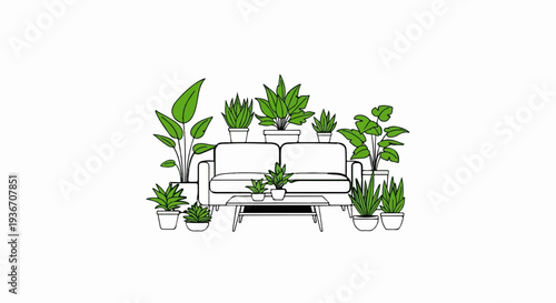 Indoor garden oasis with lush green plants surrounding a minimalist couch