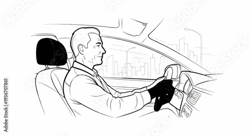 Man in black gloves drives car with city skyline in background