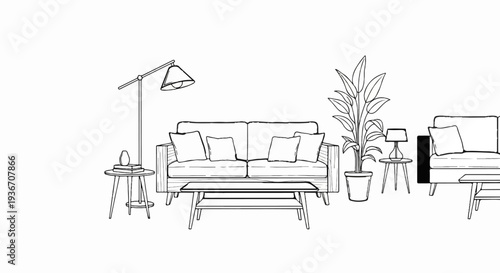 Minimalist line drawing of a living room scene with furniture
