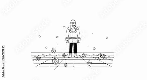 Lone figure in warm clothing stands amidst falling snowflakes on a grid pattern floor