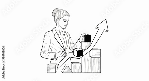 Woman building upward progress with blocks and arrow