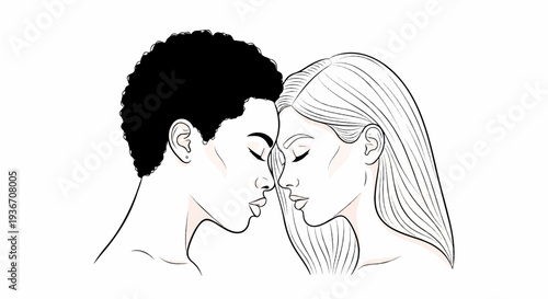 Two people, diverse hair, foreheads touching, closed eyes, soft blush