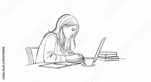 Woman with long hair typing on laptop, with coffee, books, and notepad